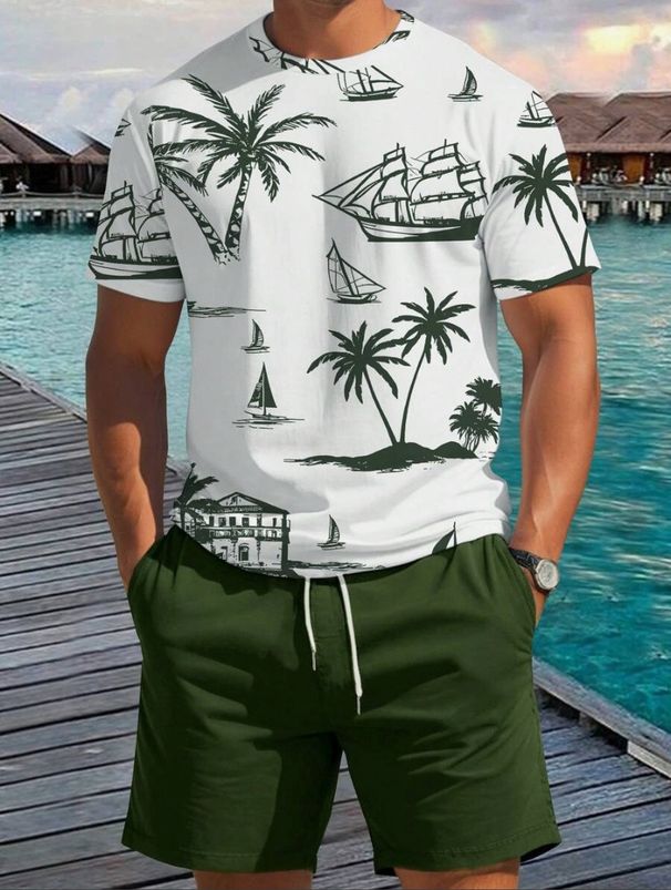 Men's Clothing Short Sleeved Shorts Fashion Casual Men's Short Sleeve T-Shirt & Shorts Set - Tropical Palm Tree Print Beach Vacation Outfit For Summer_viptrois.com