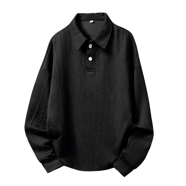 Heavy Texture Jacquard Lapel Sweatshirt For Men, Autumn Vintage Loose Old Money Style Long Sleeve Polo Pullover_viptrois.com