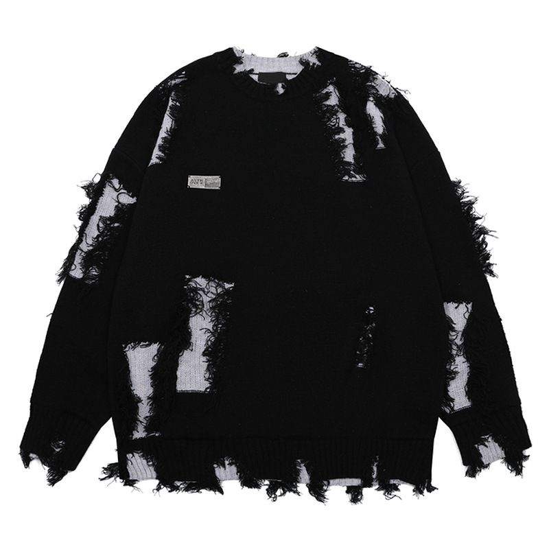 Men's Distressed Knit Sweater - Oversized High Street Fashion Pullover With Retro Asymmetrical Design, Warm Winter Casual Crewneck Jumper_viptrois.com