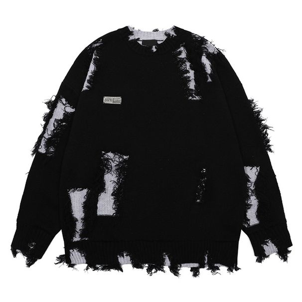 Men's Distressed Knit Sweater - Oversized High Street Fashion Pullover With Retro Asymmetrical Design, Warm Winter Casual Crewneck Jumper_viptrois.com