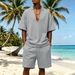 Men's Waffle Knit Short Sleeve Deep V Neck Casual Fashion Beach Shorts Style Suit_viptrois.com