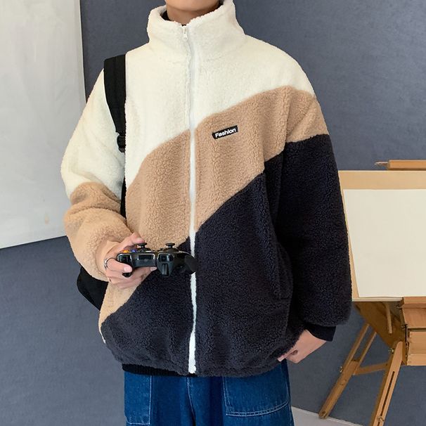 Lamb Wool Jacket Men's Turtleneck Stand-up Collar Fleece Sweater Couple Color Matching Fleece Lamb Wool Jacket_viptrois.com