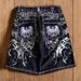 Heavy Embroidery Rhinestone Denim Shorts Trendy Harajuku Style For Men And Women Dark Color Style_viptrois.com