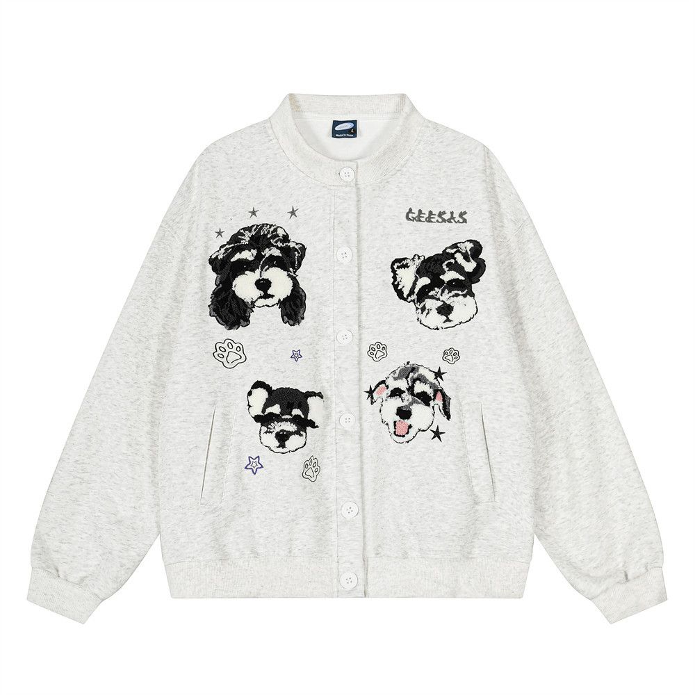 Animal Puppy Cartoon Embroidery Crew Neck Cardigan Sweatshirt Men's Loose Casual Spring Autumn Baseball Jacket Street_viptrois.com