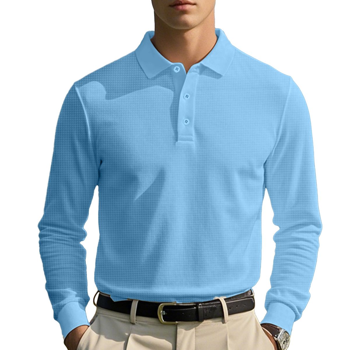Men's Waffle-Knit Long Sleeve Polo Shirt – Relaxed Fit With Asymmetrical Detail (White/Black/Yellow/Burgundy/Light Grey/Sky Blue, S-XXXL)_viptrois.com