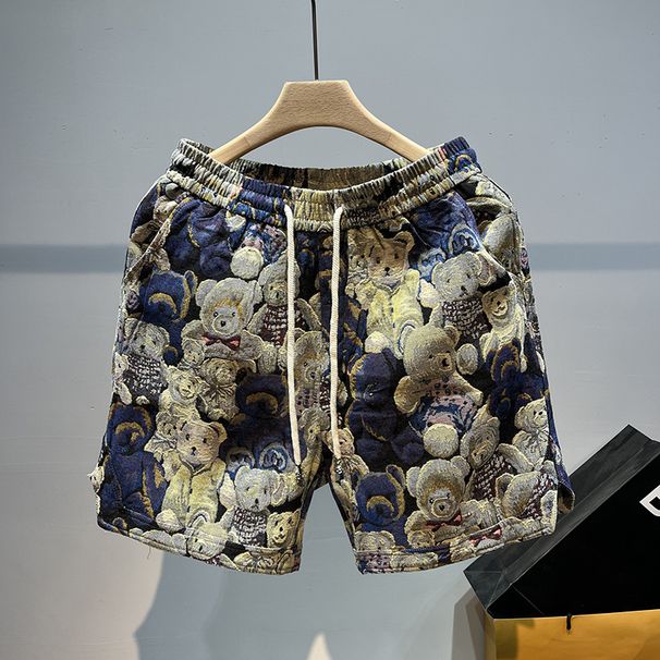 Men's Casual Bear Print Shorts Summer American Style Five Pockets Loose Fit Beach Wear_viptrois.com