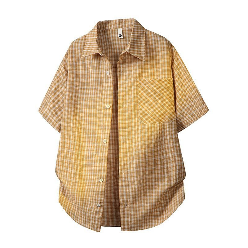 Men's Clothing Light Blue Plaid Short Sleeve Work Shirt For Men Loose Fit Summer Trendy Cardigan High-End Jacket_viptrois.com