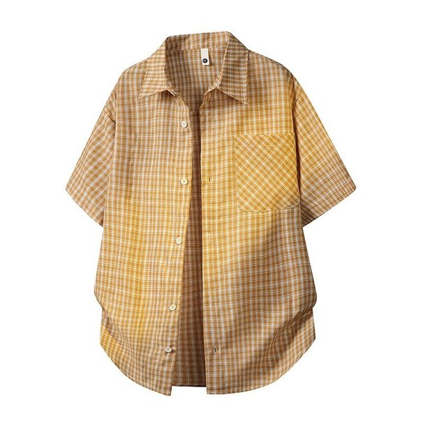 Men's Clothing Light Blue Plaid Short Sleeve Work Shirt For Men Loose Fit Summer Trendy Cardigan High-End Jacket_viptrois.com