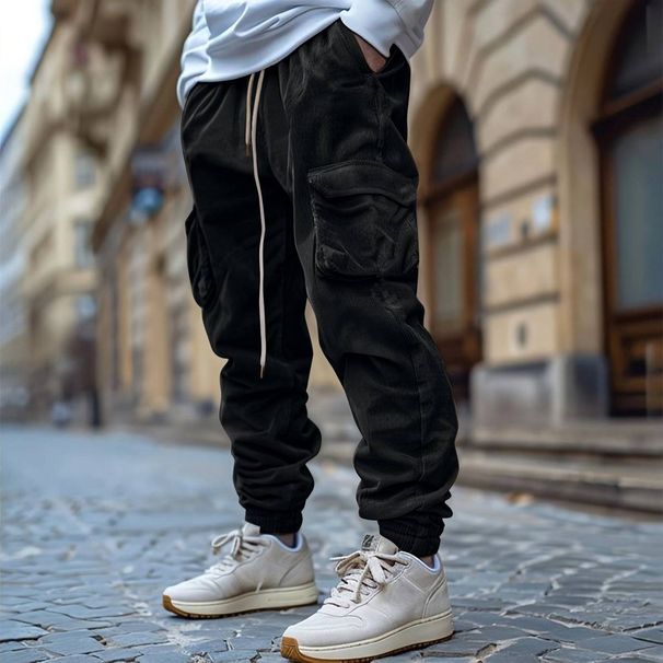 Men's Clothing Corduroy Casual Pants Men Autumn Retro Loose Workwear Pocket Hem Elastic Windproof Design Trousers_viptrois.com