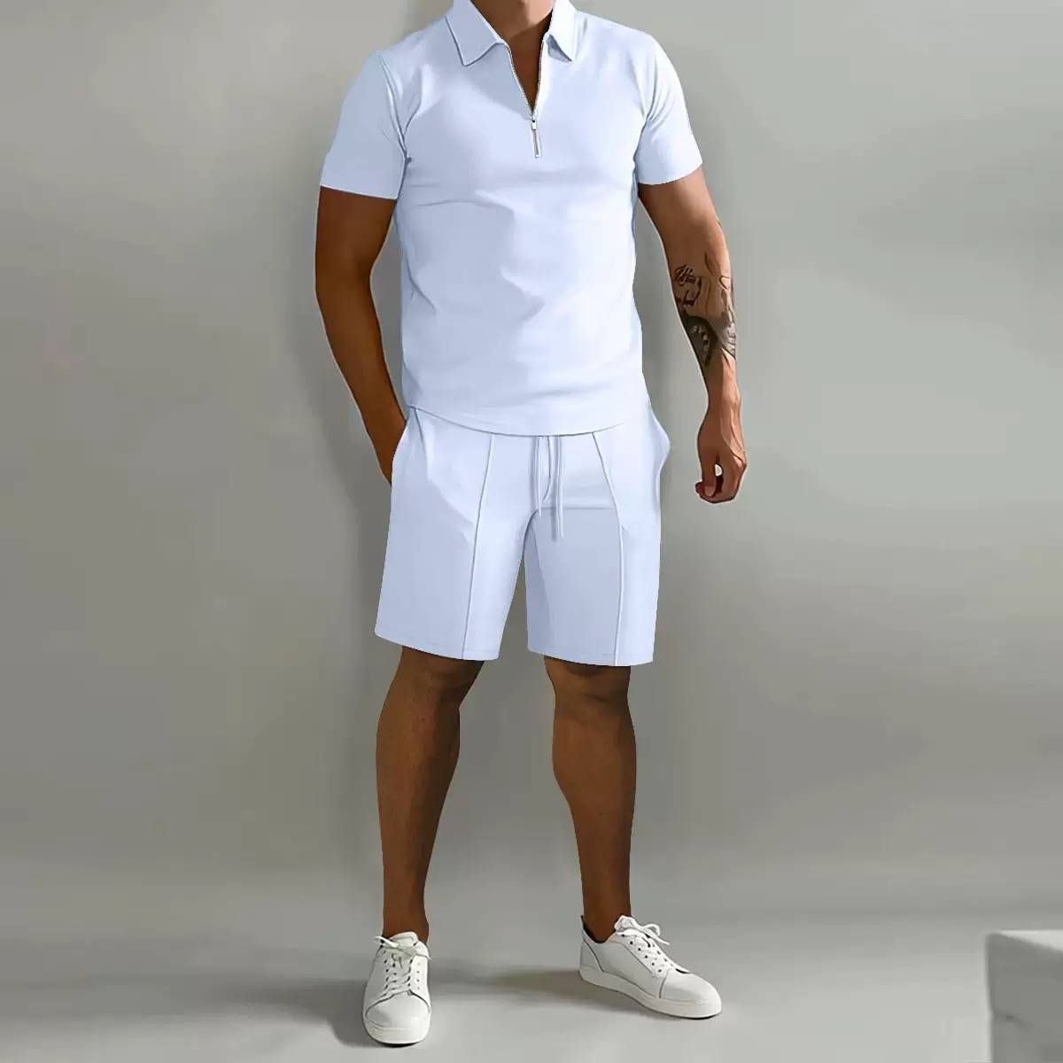 2pcs Casual Trendy Lapel Zip Sports Fleece Polo Shirt Set For Sports Gifts_viptrois.com