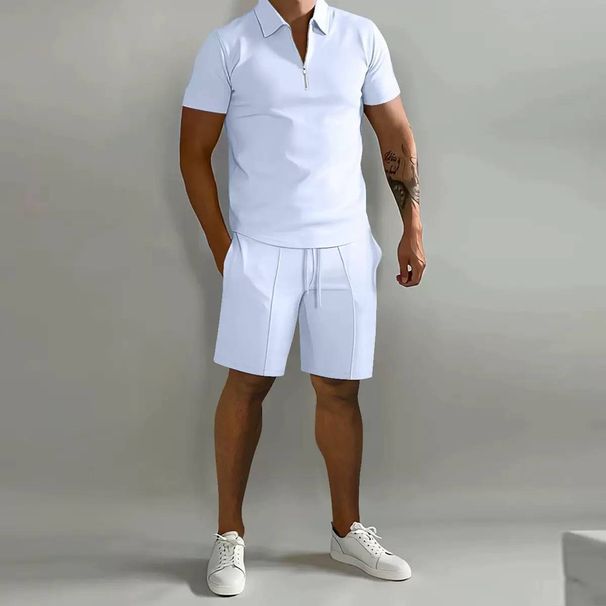 2pcs Casual Trendy Lapel Zip Sports Fleece Polo Shirt Set For Sports Gifts_viptrois.com