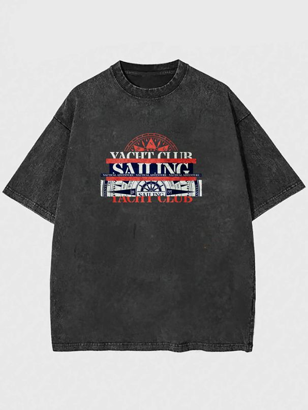 Vintage Style T Shirt Yacht Club Sailing Graphic Washed Cotton Oversized Fit Men Women Casual Wear_viptrois.com