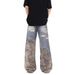 American Style Vintage Patchwork Camouflage Ripped Jeans For Men And Women, High Street Loose Cleanfit Casual Straight_viptrois.com