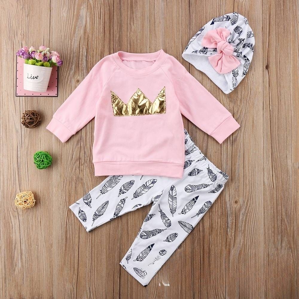 Kids’ Clothing Hot Item Ins Girls Spring And Autumn Children's Crown Patch Top Feather Pants Three Piece Set_viptrois.com
