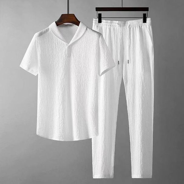 Men's Clothing White Casual Sports Suit For Men In Summer With Lapel, Fashionable, Light Luxury, Pleated Two-piece Suit, Thin And Handsome, Trendy_viptrois.com