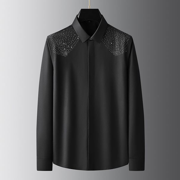 Light Luxury Trend Men's Long Sleeved Creative Shirt High End Casual Free Iron Diamond Bottoming Long Sleeved Shirt_viptrois.com