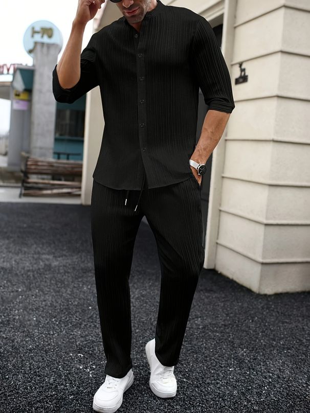 Men's Linen Monk Collar Short Sleeved Shirt And Trousers Set Solid Color Casual Versatile Spring Summer_viptrois.com