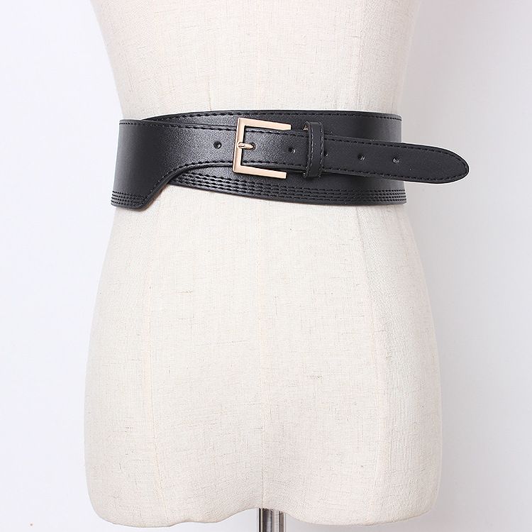Japanese pin buckle irregular pu leather pressed waistband women's decorative coat sweater waist versatile simple wide belt_viptrois.com
