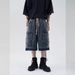Men's Clothing Retro Raw Edge Wide Leg Drawstring Washed Denim Shorts For Boys Summer Trendy All Match Straight Five Point Pants_viptrois.com