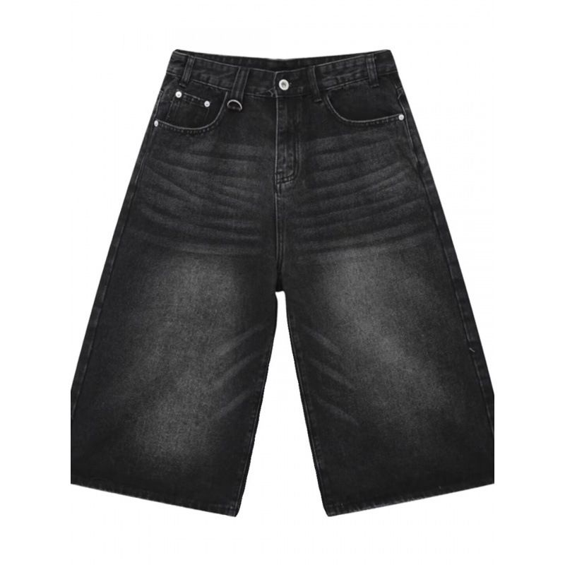Men's Loose Straight Wide Leg Cropped Denim Shorts American Retro Distressed Blue Summer Niche Wide Pants_viptrois.com