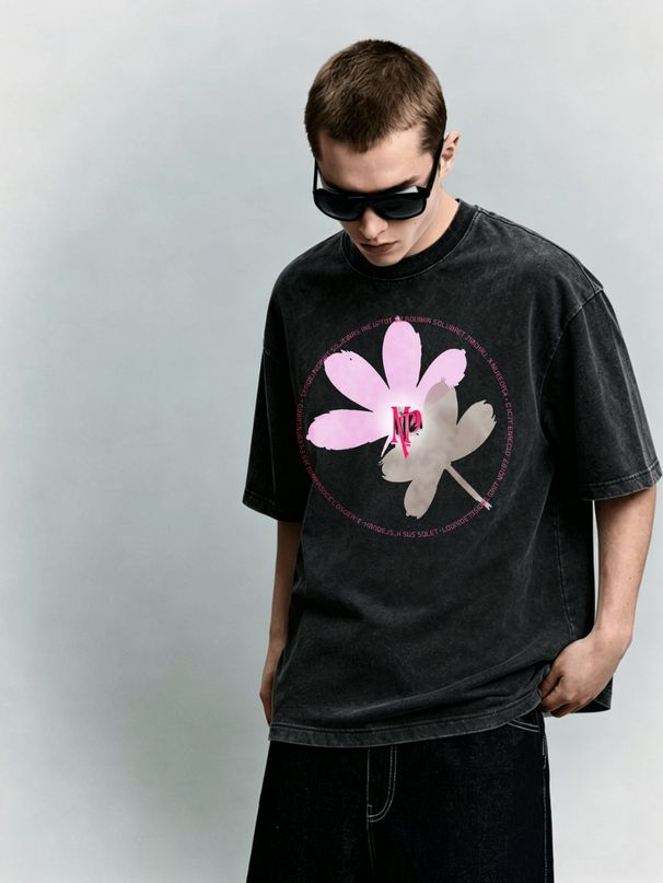 Vintage Washed Gradient Floral NP Monogram Circular Text Graphic 230g Cotton T-Shirt Men's Casual Streetwear Tee_viptrois.com