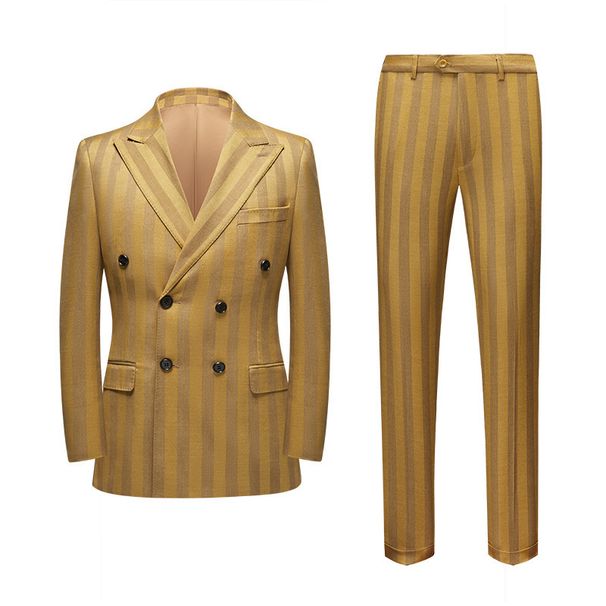 Men's Autumn and winter new suit men's striped double-breasted Korean style casual gold suit two-piece men's suits_viptrois.com