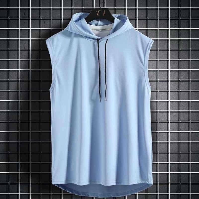 2025 New Style Sleeveless Vest Top Men's Casual T-shirt Pure Color Hooded Sweater Lace-up Hip-hop Sports Shirt_viptrois.com