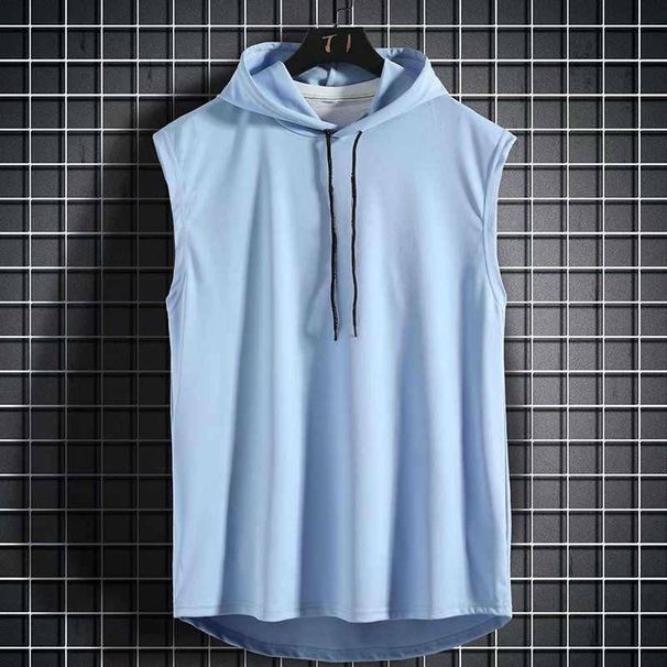 2025 New Style Sleeveless Vest Top Men's Casual T-shirt Pure Color Hooded Sweater Lace-up Hip-hop Sports Shirt_viptrois.com