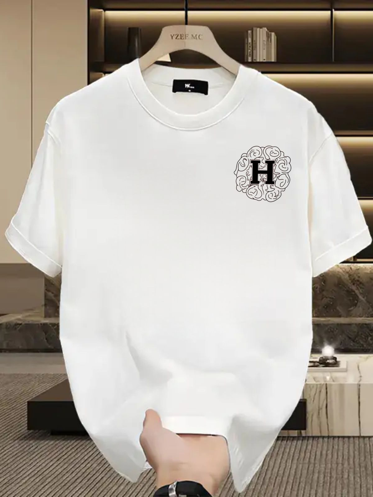 Summer New Short-sleeved T-shirt, Men's Swirl Floral Circle Framed H Letter Creative Printing Half-sleeved Youth Trend Versatile Casual Loose Base_viptrois.com