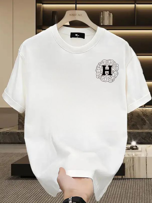Summer New Short-sleeved T-shirt, Men's Swirl Floral Circle Framed H Letter Creative Printing Half-sleeved Youth Trend Versatile Casual Loose Base_viptrois.com