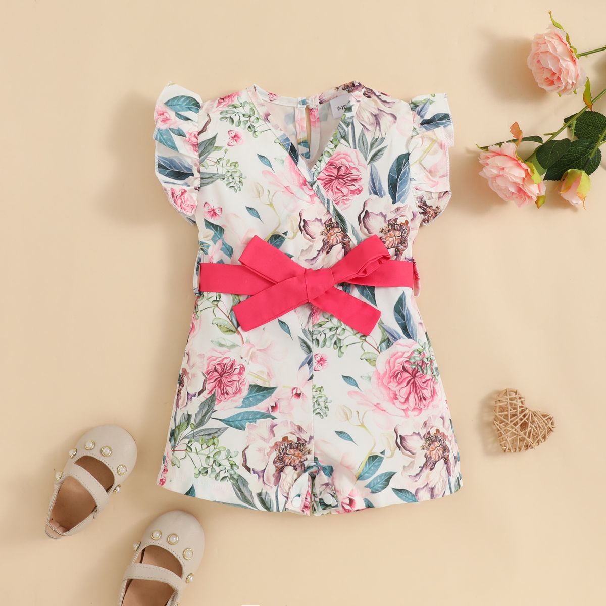 Babies' clothes summer 0-2-year-old baby girl jumpsuit five-point pants flower sleeveless jumpsuit baby can open pants_viptrois.com