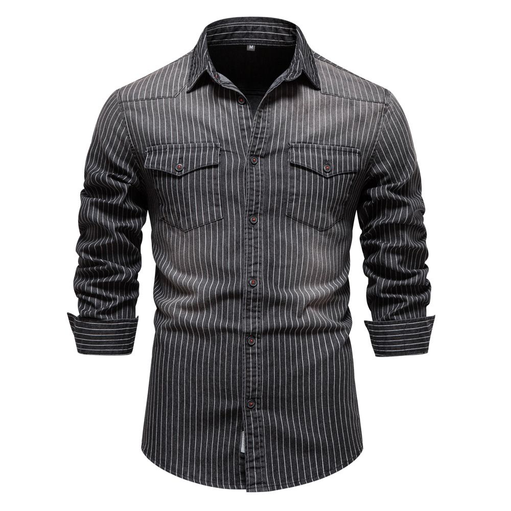 Man's clothing Heavy washed old striped denim shirt men's long sleeve denim shirt_viptrois.com
