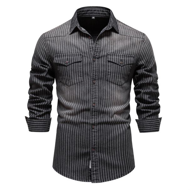 Man's clothing Heavy washed old striped denim shirt men's long sleeve denim shirt_viptrois.com