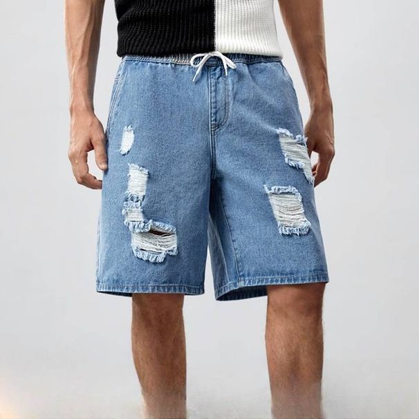 Men's Clothing Summer thin loose simple casual shorts men's retro washed elastic waist ripped straight denim shorts_viptrois.com