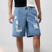 Men's Clothing Summer thin loose simple casual shorts men's retro washed elastic waist ripped straight denim shorts_viptrois.com