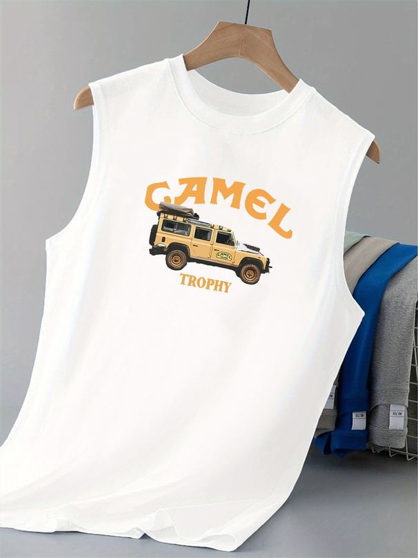 100% Pure Cotton Men's Summer Casual Sports Fitness Loose Camel Trophy Theme Print Breathable Round Neck Sleeveless Vest_viptrois.com