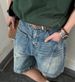 Unisex Summer Denim Shorts 2026 Retro American Patchwork Design Loose Fit Five Point mid Waist Blue with Pockets Machine Washable_viptrois.com
