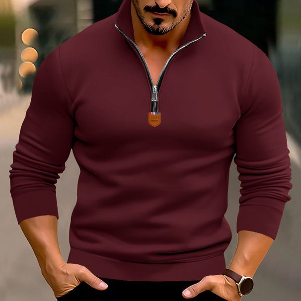 Men's Clothing Hot Selling Men's Casual Plus Velvet Solid Color Long Sleeved European And American Half Zip Stand Up Collar Sweatshirt Top_viptrois.com