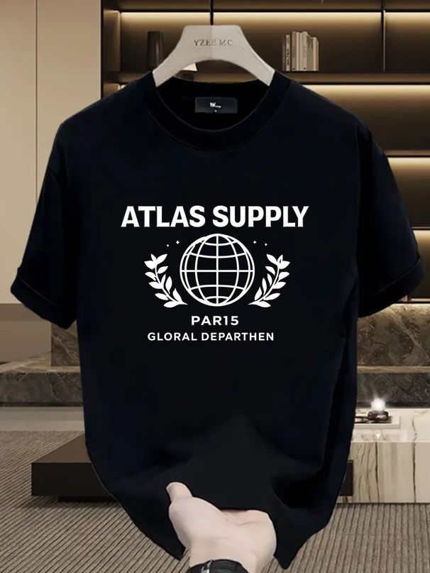 Men's 100% Cotton ATLAS SUPPLY Globe Printed Short Sleeve T-Shirt New Summer Trend Casual Round Neck Regular Fit Streetwear Graphic Tee_viptrois.com