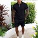 Men's Clothing Short Sleeved Suit Stand Up Collar Zipper Design Fashion Casual Shorts Two Piece Suit Solid Color_viptrois.com