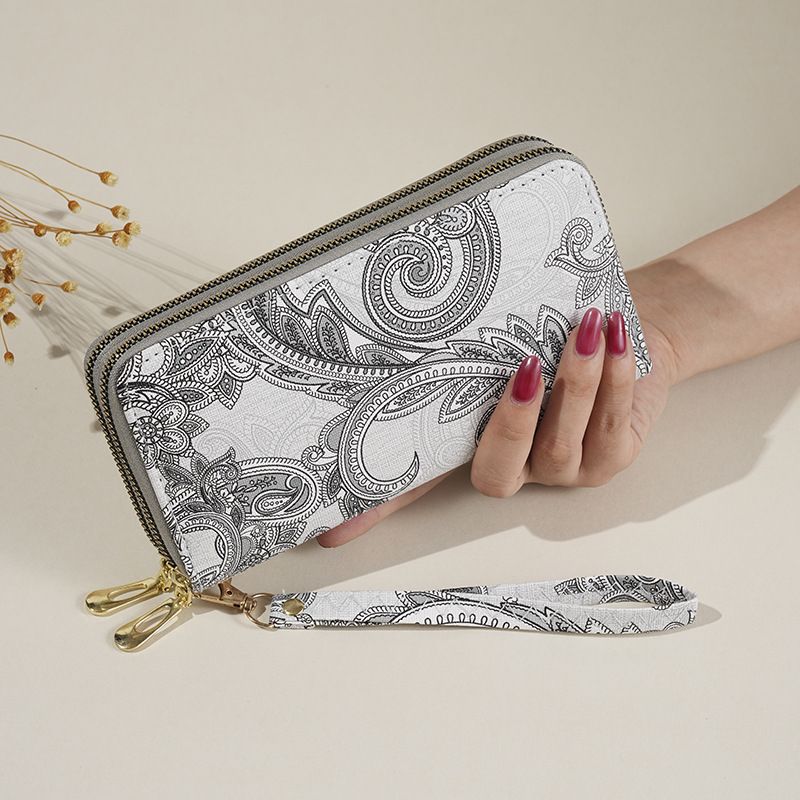 Wallet Card Cases Women's New Retro Printing Lace Fashion National Style Atmosphere Double Zipper Large Capacity Mobile Phone Bag Wallet_viptrois.com
