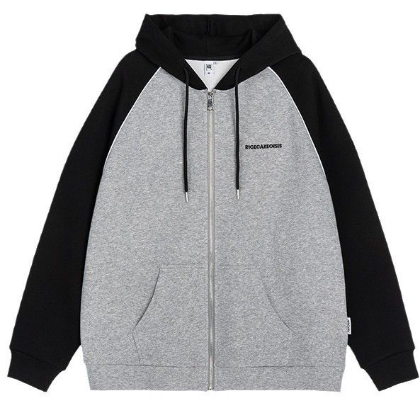 New retro contrasting color versatile simple hooded sweatshirt cardigan jacket for autumn and winter, loose and slimming couple's top_viptrois.com