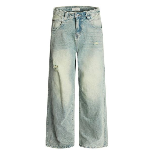 Distressed Ripped Jeans Men's Loose Fit Versatile Casual Street Style Punk Washed Frayed Wide Leg Straight Pants_viptrois.com