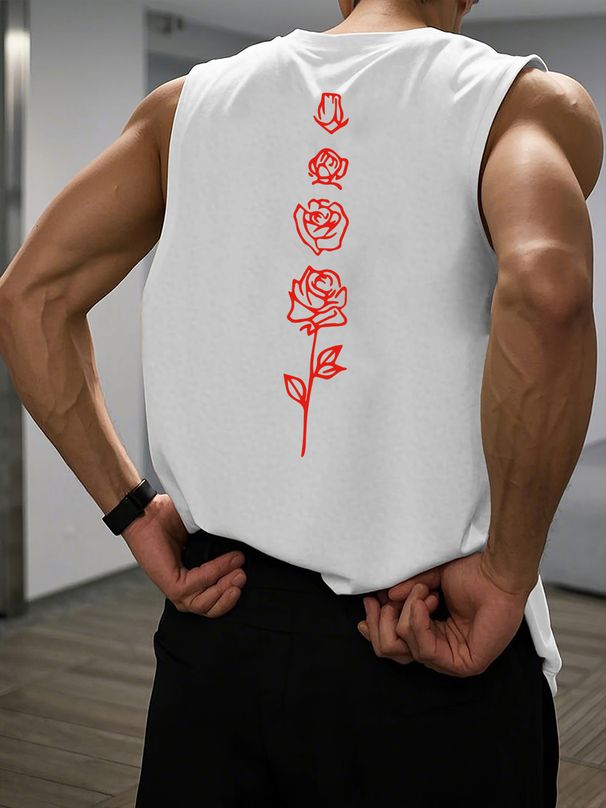 100% Pure Cotton Men's Summer Casual Sports Fitness Loose Back Rose Print Breathable Round Neck Sleeveless Vest_viptrois.com