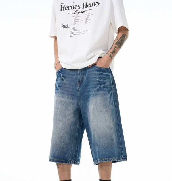 Unisex Retro Washed Distressed Cropped Denim Shorts High Street Style Wide Leg Mid-Length Pants Loose Fitting_viptrois.com