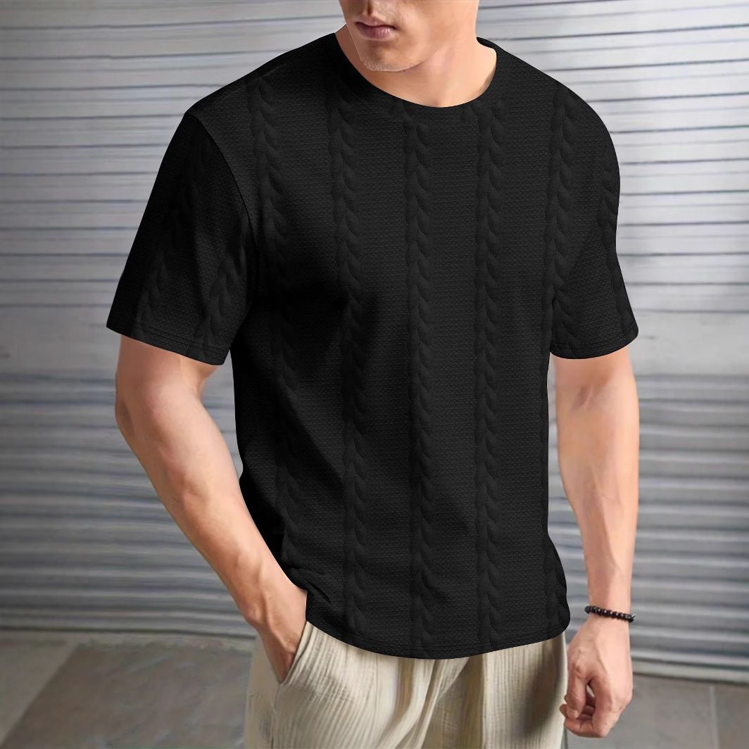 Men's Clothing Solid Color Twisted Jacquard Summer Casual Round Neck Pullover Short Sleeved T Shirt Tops_viptrois.com