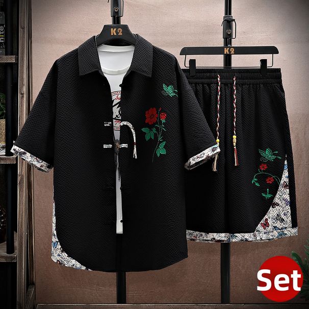Men's Clothing Men's Ice Silk Tang Suit Set Short Sleeved Shirt Loose Fit Style Trendy For Formal & Casual Sports_viptrois.com