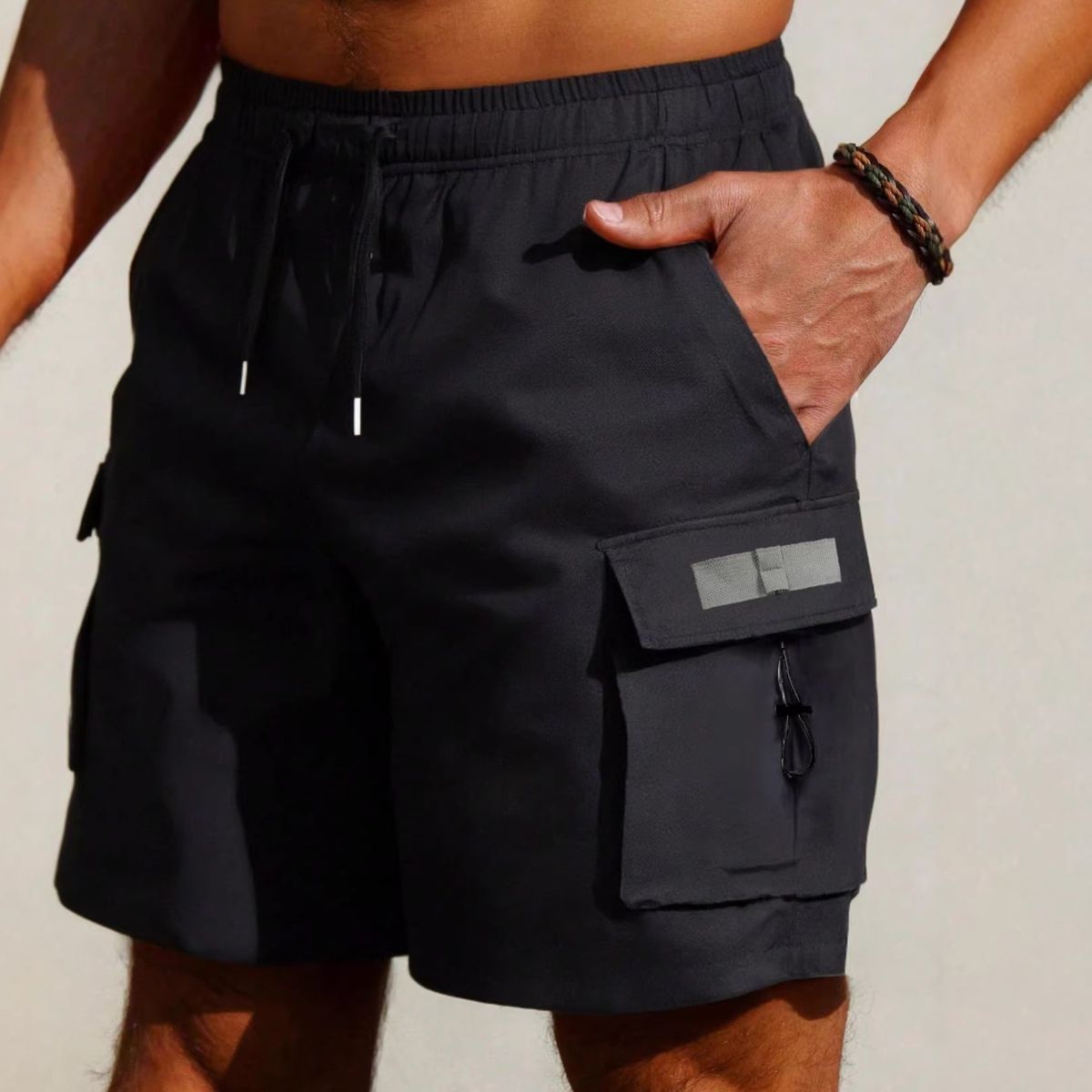 Men's Straight Fit Cargo Shorts – Breathable Polyester Summer Casual Shorts With Multiple Pockets (Black, Drawstring Waist)_viptrois.com