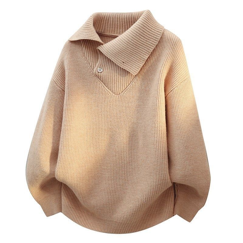Autumn Winter Turn-Down Collar Knitted Men's Youth Trendy Fashion Casual Elegant Versatile Solid Color Sweater Top_viptrois.com