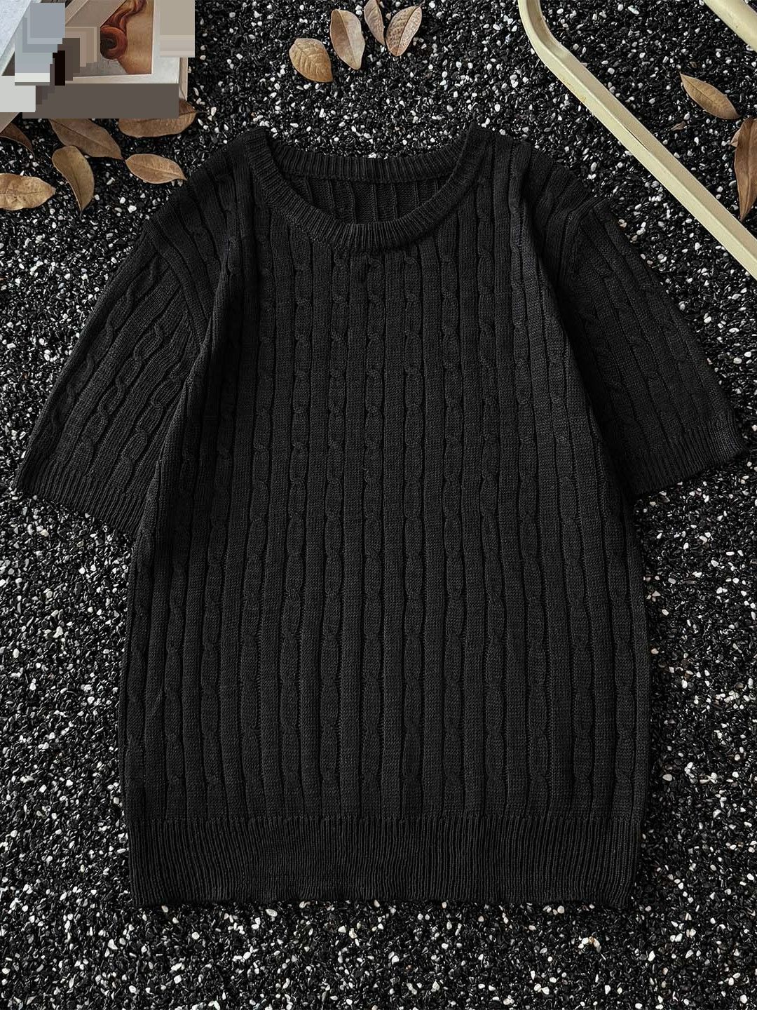 Summer Thin Jacquard Knitted Short Sleeved T Shirt Men's Round Neck Casual Trendy Retro Handsome Youth Breathable T Shirt_viptrois.com